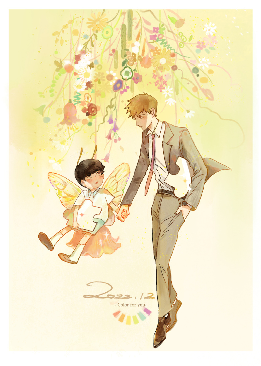 2boys aged_down arthropod_boy black_hair blonde_hair blush border brown_footwear butterfly_boy butterfly_wings carrying carrying_under_arm child collared_shirt dated english_text eye_contact floating floral_background formal gradient_background grey_jacket grey_pants highres holding_hands jacket kageyama_shigeo kindergarten_uniform long_sleeves looking_at_another looking_down looking_to_the_side looking_up male_child mob_psycho_100 multiple_boys necktie pants parted_lips puzzle_piece red_necktie reigen_arataka renaisssa shirt shoes short_hair short_sleeves socks sparkle suit white_shirt white_socks wings yellow_background