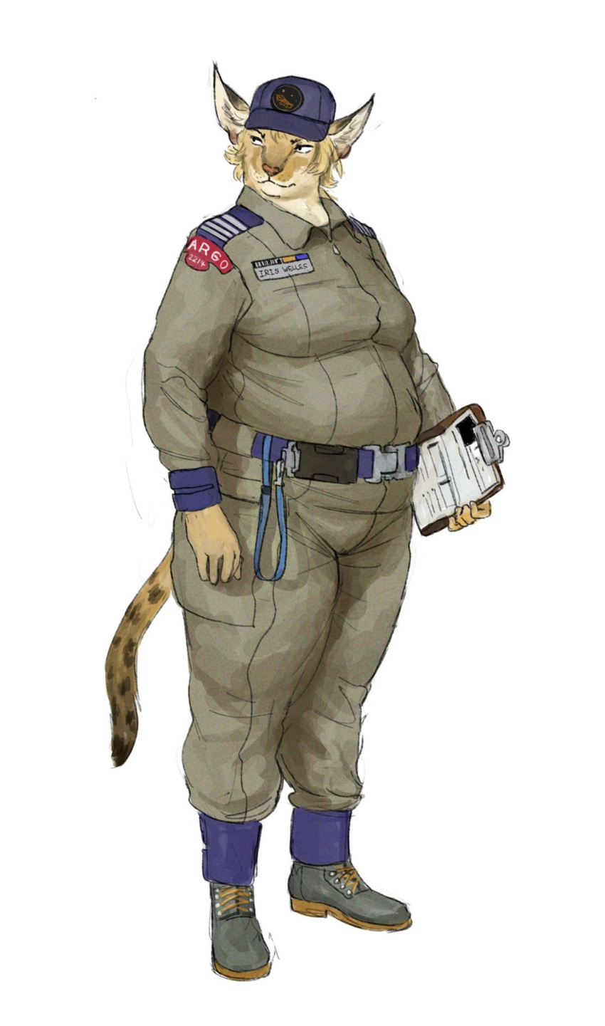 2021 anthro belt caracal caracal_(genus) cettus clipboard clothed clothing dress_shirt felid feline female footwear fully_clothed fur hat headgear headwear hi_res holding_clipboard holding_object jumpsuit mammal overweight overweight_anthro overweight_female shirt shoes simple_background solo standing tail tan_body tan_fur topwear uniform white_background