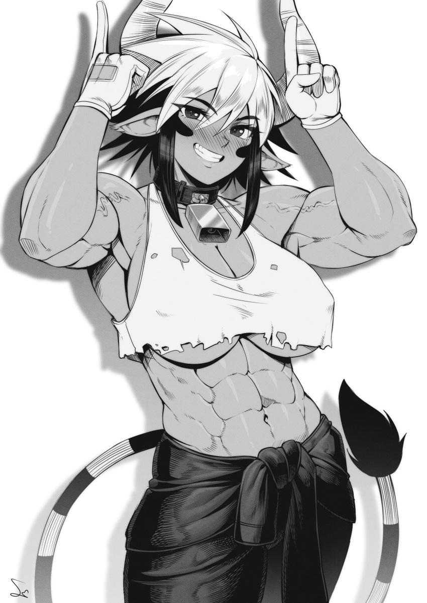 1girl abs absurdres animal_ears bell blush breasts cathyl collar commentary cow_ears cow_girl cow_horns cowbell cowboy_shot gloves greyscale highres horns large_breasts looking_at_viewer monochrome monster_musume_no_iru_nichijou multicolored_hair muscular muscular_female navel neck_bell short_hair smile solo speedl00ver teeth two-tone_hair underboob