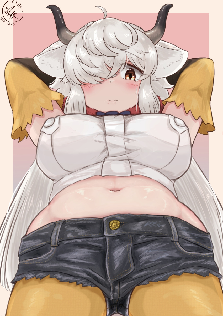 1girl ahoge animal_ears arms_behind_head arms_up belly black_horns black_shorts blush border bow bowtie breasts buttons closed_mouth cosplay cowboy_shot cropped_shirt denim denim_shorts elbow_gloves embarrassed from_below fur_collar gloves grey_horns hair_over_one_eye highres horns kemono_friends large_breasts long_hair looking_at_viewer looking_down maned_wolf_(kemono_friends) maned_wolf_(kemono_friends)_(cosplay) midriff multicolored_horns navel outside_border ox_ears ox_horns pantyhose_under_shorts shirt short_shorts shorts solo stomach tsuppushi very_long_hair wavy_mouth white_border white_hair white_shirt yak_(kemono_friends) yellow_eyes