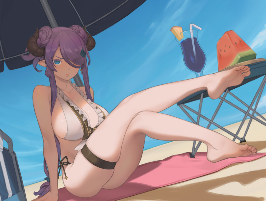 1girl absurdres bag barefoot beach blue_eyes blue_sky breasts cocktail_glass commentary commission crossed_legs cup draph drinking_glass english_commentary feet food foot_focus fruit granblue_fantasy hair_over_one_eye highres horizon horns large_breasts long_hair looking_at_viewer narmaya_(granblue_fantasy) outdoors parasol pixiv_commission pointy_ears puckered_lips purple_hair shoulder_bag sitting skindentation sky snorkel14 soles solo swimsuit table thigh_strap thighs toes umbrella v-shaped_eyebrows variant_set watermelon white_swimsuit yellow_eyes