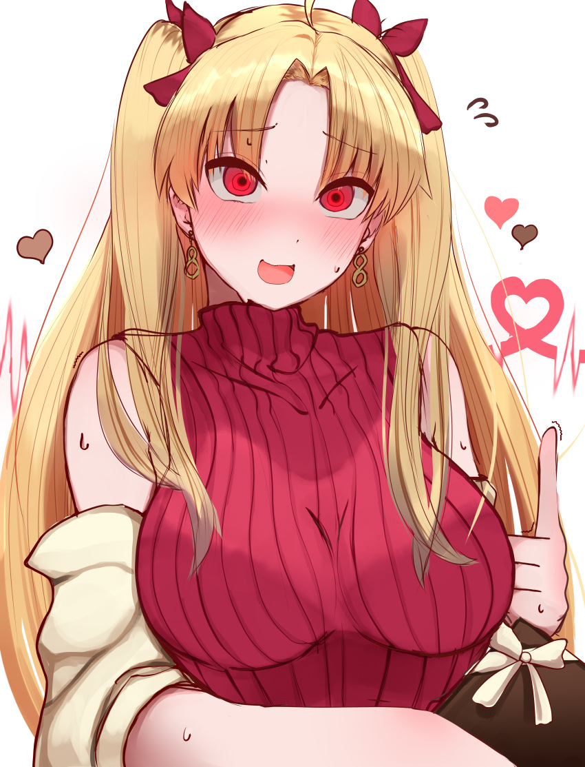 1girl absurdres blonde_hair blush earrings ereshkigal_(bitter_sweet)_(fate) ereshkigal_(fate) fate/grand_order fate_(series) hair_ribbon heart highres hoop_earrings jewelry long_hair looking_at_viewer masini-mashini615 nervous nervous_smile official_alternate_costume open_mouth red_eyes red_ribbon red_sweater ribbon simple_background sleeveless sleeveless_sweater smile solo sweat sweater valentine white_background