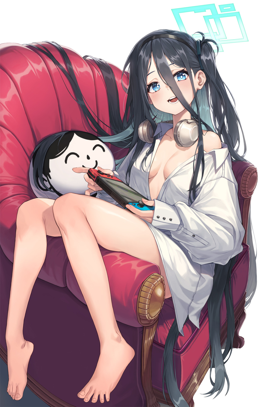 1girl absurdres aris_(blue_archive) armchair arona's_sensei_doodle_(blue_archive) barefoot black_hair black_hairband blue_archive blue_eyes blue_halo breasts bright_pupils chair collared_shirt commentary cushion dress_shirt feet hair_between_eyes hairband halo handheld_game_console headphones headphones_around_neck highres holding holding_handheld_game_console legs light_blush long_hair long_sleeves looking_at_viewer no_bra no_pants off_shoulder one_side_up open_mouth sensei_(blue_archive) shirt simple_background sitting_sideways small_breasts smile solo sunnillust teeth toes very_long_hair white_background white_pupils white_shirt