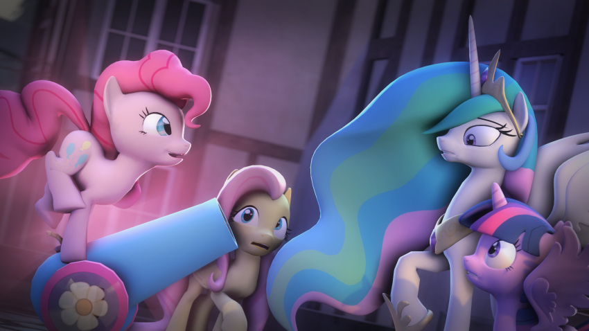 16:9 2014 3d_(artwork) blue_eyes blue_hair cannon clothing cutie_mark digital_media_(artwork) earth_pony equid equine eyelashes female feral ferexes fluttershy_(mlp) friendship_is_magic fur green_hair group hair happy hasbro hi_res highlights_(coloring) hooves horn horse mammal multicolored_hair my_little_pony pegasus pink_hair pinkie_pie_(mlp) pony princess_celestia_(mlp) princess_twilight_sparkle_(mlp) purple_body purple_fur purple_hair purple_horn purple_wings quadruped ranged_weapon smile twilight_sparkle_(mlp) weapon white_body white_ears white_fur white_horn white_wings widescreen winged_unicorn wings yellow_body yellow_clothing yellow_ears yellow_fur