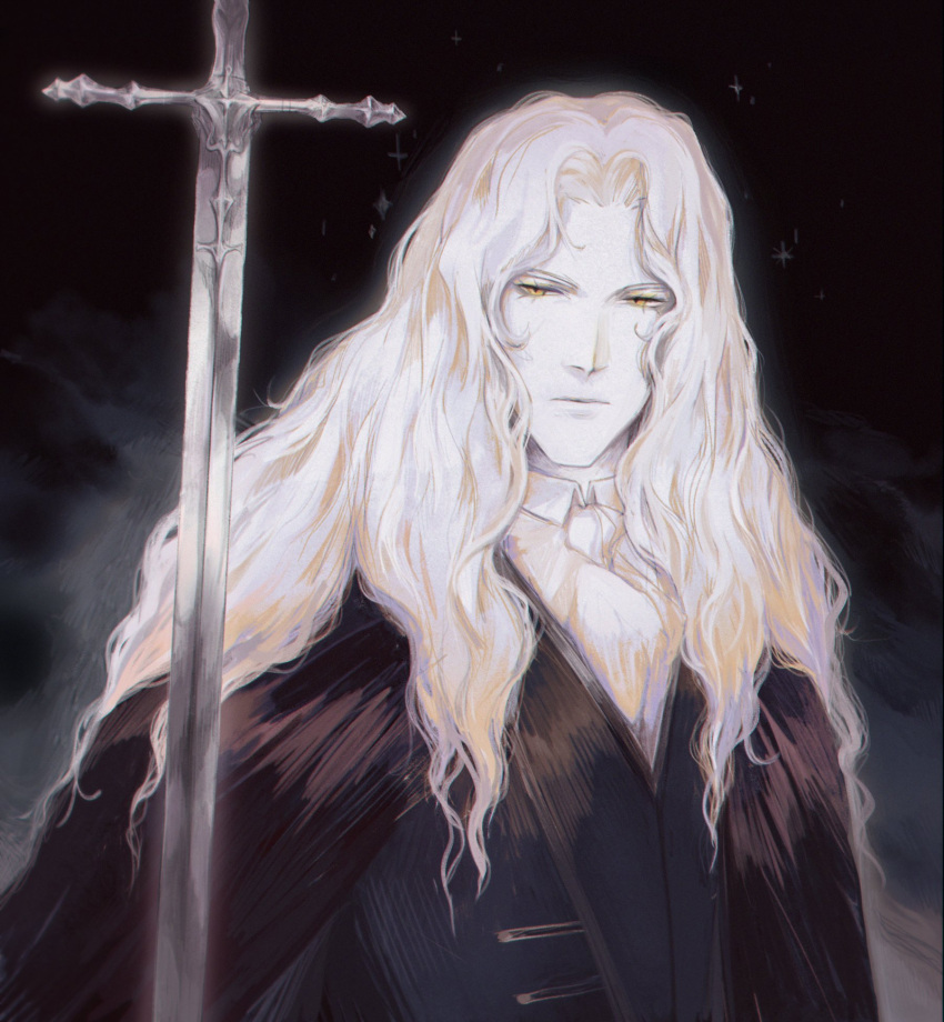 1boy alucard_(castlevania) ascot black_cape black_coat blonde_hair cape castlevania castlevania:_nocturne closed_mouth coat highres itssoikamadudes looking_at_viewer male_focus shirt solo sword weapon white_shirt yellow_eyes