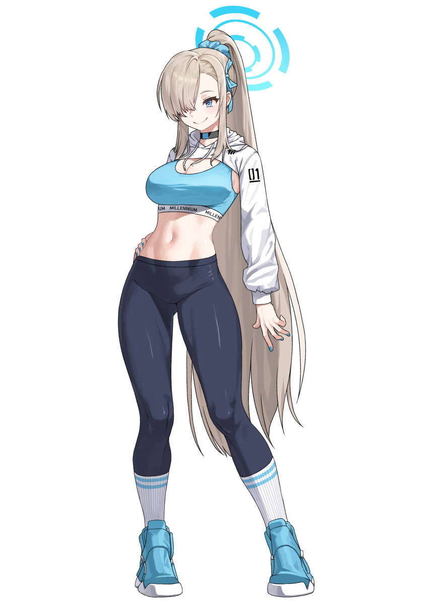 1girl absurdres alfie_(artist) aqua_bra aqua_footwear aqua_ribbon asuna_(blue_archive) black_pants blonde_hair blue_archive bra breasts choker cleavage commentary_request contrapposto groin hair_over_one_eye halo hand_on_own_hip highres large_breasts leggings long_sleeves midriff navel pants ribbon shrug_(clothing) sidelocks smile socks solo sports_bra thighs underwear white_socks