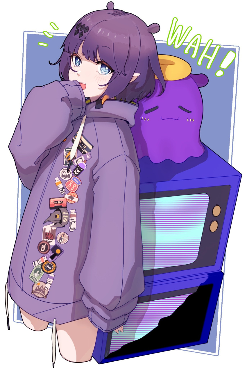 1girl alternate_hairstyle bare_legs blush drawstring english_text highres hololive hololive_english hood hoodie long_sleeves looking_at_viewer naekam ninomae_ina'nis ninomae_ina'nis_(5th_costume) octopus official_alternate_costume open_mouth pointy_ears purple_hair purple_hoodie short_hair solo standing swept_bangs takodachi_(ninomae_ina'nis) television
