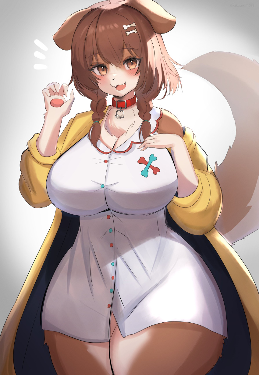 5_fingers absurd_res alternate_species anthro big_breasts breasts brown_body brown_eyes brown_fur brown_hair canid canine canis clothed clothing collar curvy_figure domestic_dog female fingers floppy_ears fur furrification hair hi_res hololive huge_breasts kakuteki11029 korone_inugami mammal multicolored_body multicolored_fur pawpads portrait solo standing thick_thighs three-quarter_portrait two_tone_body two_tone_fur voluptuous vtuber white_body white_fur wide_hips