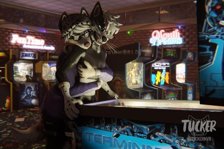 3d_(artwork) absurd_res anthro arcade arcade_machine beanie black_body black_fur blender_(software) blender_cycles border_collie bottomwear brown_body brown_fur canid canine canis clothing collie crop_top digital_media_(artwork) domestic_dog duo embrace eyewear fur gaming glasses hat headgear headwear herding_dog heterochromia hi_res hotpants hug hugging_from_behind latex_legwear legwear male male/male mammal markings pastoral_dog pinball pinball_machine playing_videogame rimworld romantic sheepdog shirt shorts spots spotted_markings stockings team_fortress terminator_(franchise) topwear tucker_(artist) white_body white_fur