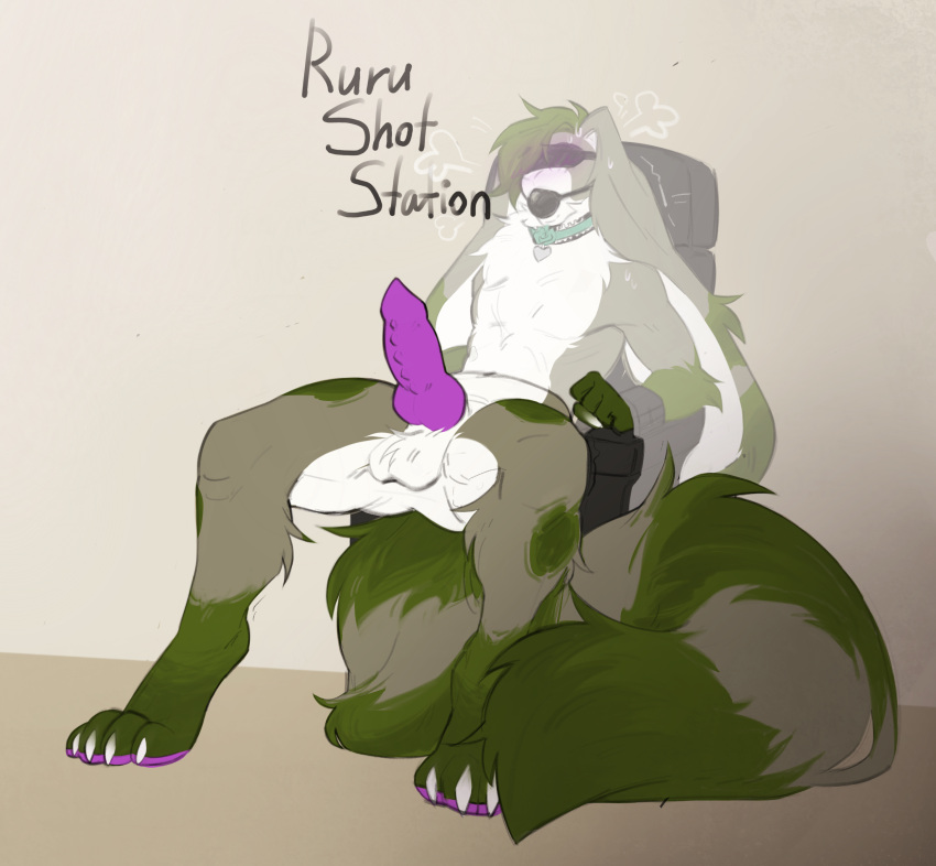 absurd_res anthro arms_tied ball_gag big_ears big_tail bishopi blindfold blush bound collar erection floppy_ears fluffy fluffy_chest fluffy_tail fur gag genitals green_body hi_res hybrid knot lagomorph leporid lop_ears male mammal pawpads penis procyonid purple_pawpads purple_penis rabbit raccoon rurik_carpenter solo tail