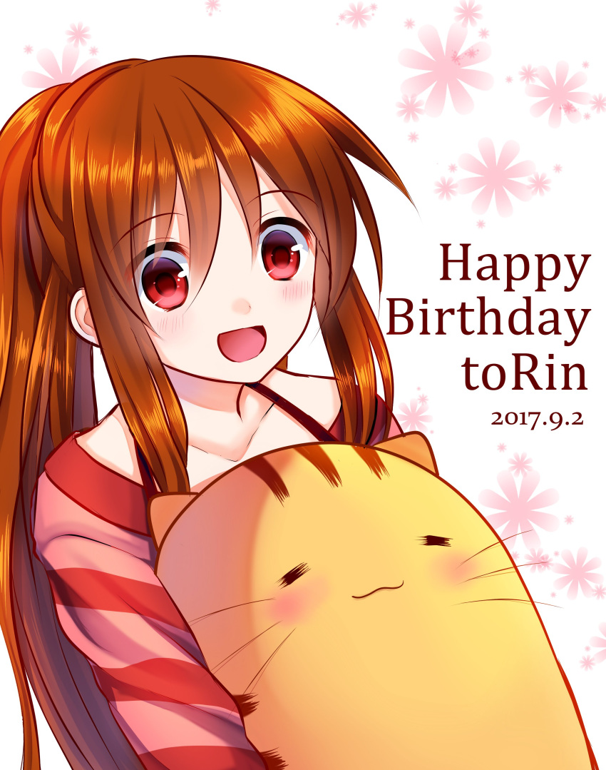 1girl 2017 :d absurdres akausagi animal_hug blush brown_hair character_name commentary_request dated doruji eyelashes eyes_visible_through_hair floral_print hair_between_eyes happy happy_birthday highres little_busters! long_hair long_sleeves looking_down natsume_rin open_mouth ponytail red_eyes red_shirt shirt sidelocks simple_background smile solo straight_hair upper_body very_long_hair white_background