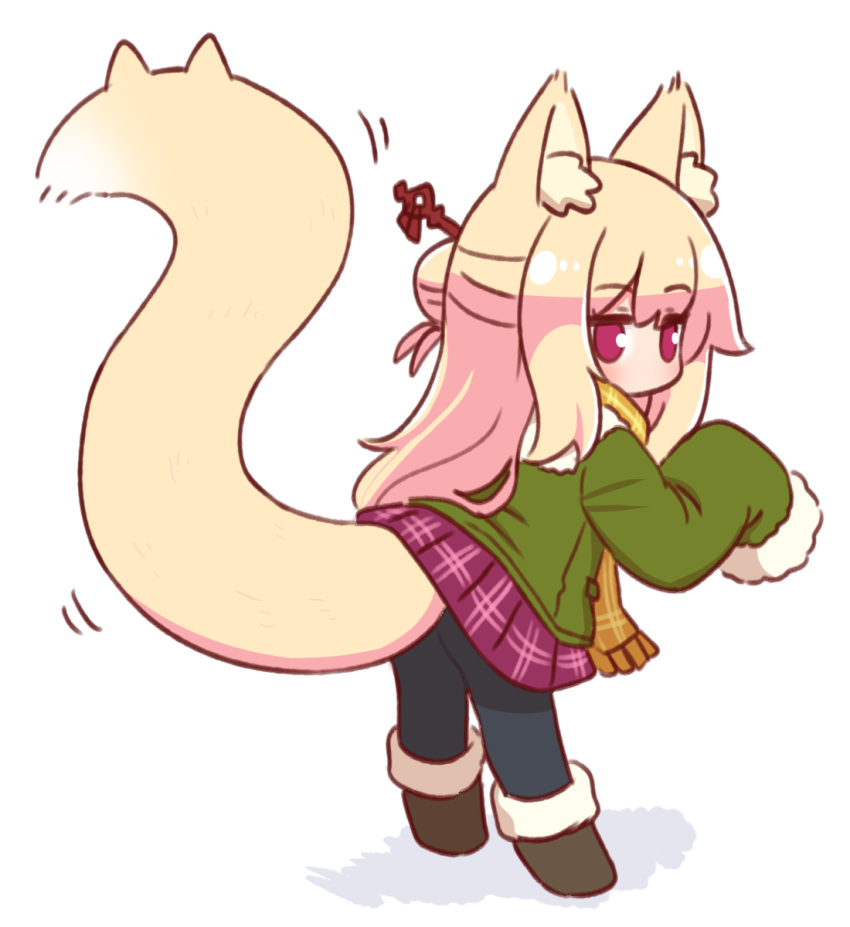 1girl animal_ear_fluff animal_ears black_footwear black_pantyhose blonde_hair commentary fox_ears fox_girl fox_tail fringe_trim from_behind full_body fur-trimmed_footwear fur-trimmed_sleeves fur_trim green_jacket hair_bun hair_ornament hairpin highres jacket kemomimi-chan_(naga_u) long_hair long_sleeves looking_at_viewer motion_lines naga_u no_mouth orange_scarf original pantyhose plaid plaid_scarf plaid_skirt purple_eyes purple_skirt scarf simple_background skirt sleeves_past_fingers sleeves_past_wrists solo standing tail white_background