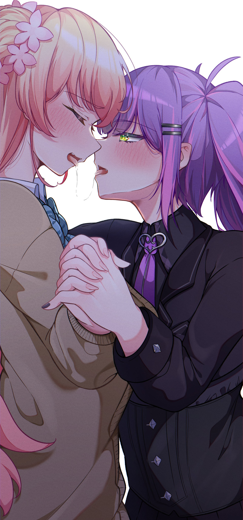 2girls absurdres blonde_hair blush bow bowtie character_request closed_eyes green_eyes hair_ornament hairclip highres holding_hands long_hair multiple_girls necktie okome_0628 purple_hair saliva saliva_trail yuri