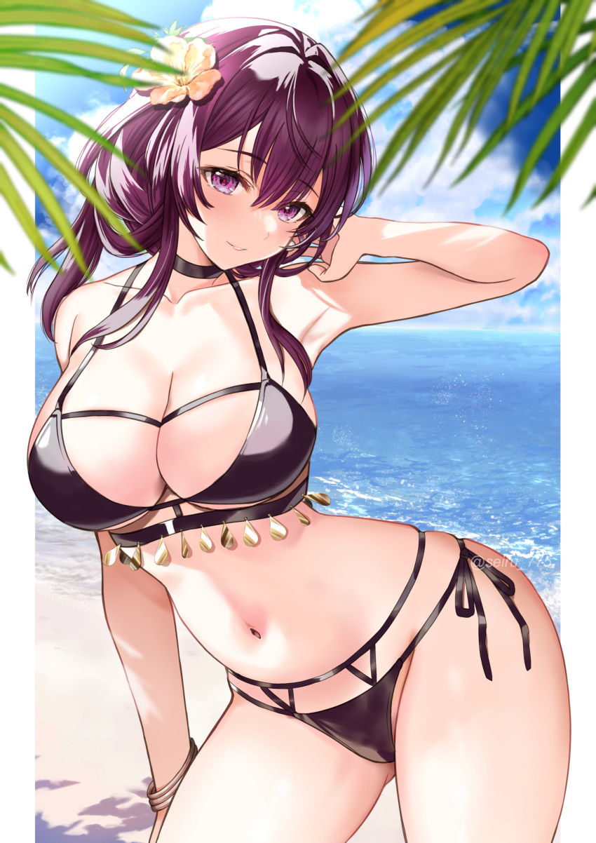 1girl bare_shoulders beach bikini black_bikini blue_sky blush breasts choker cleavage collarbone flower grin hair_flower hair_ornament highres honkai:_star_rail honkai_(series) kafka_(honkai:_star_rail) large_breasts long_hair looking_at_viewer navel ocean palm_leaf ponytail purple_eyes purple_hair seiru_(prairie) shore sidelocks sky smile solo swimsuit thighs