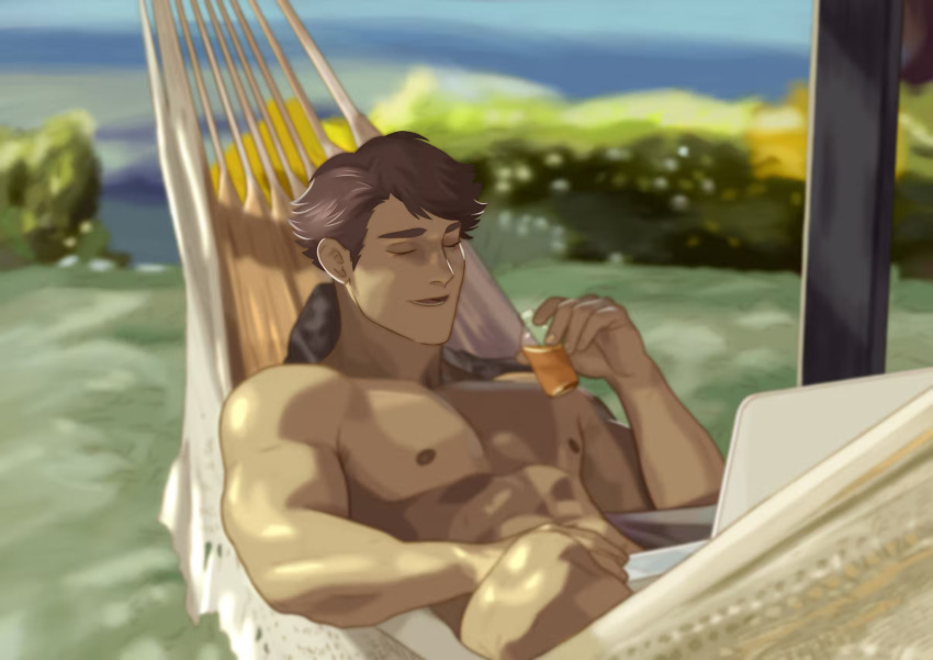 1boy abs bara blurry blurry_background bush closed_eyes glass_bottle grass haikyuu!! hammock highres holding_laptop male_focus muscular muscular_male ocean oikawa_tooru_(haikyuu!!) open_mouth outdoors pectorals photo-referenced simonsuke smile solo sunlight