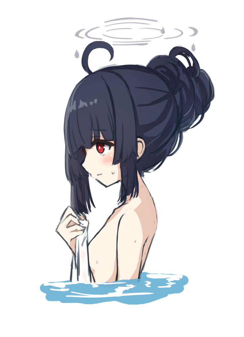 1girl ahoge bathing black_hair blue_archive blunt_bangs bright_pupils completely_nude from_side halo highres hime_cut le_xue long_hair miyu_(blue_archive) nude red_eyes straight_hair sweatdrop towel upper_body water white_pupils