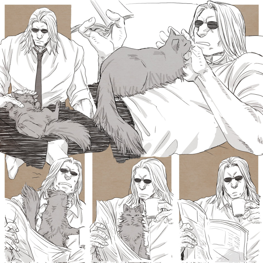 1boy black_pants cat cup highres holding holding_cup holding_newspaper hunter_x_hunter long_hair lying male_focus morel_mackernasey muscular muscular_male necktie newspaper nkwtsrsk_hh on_bed pants patting reading shirt sitting solo sunglasses white_hair white_shirt