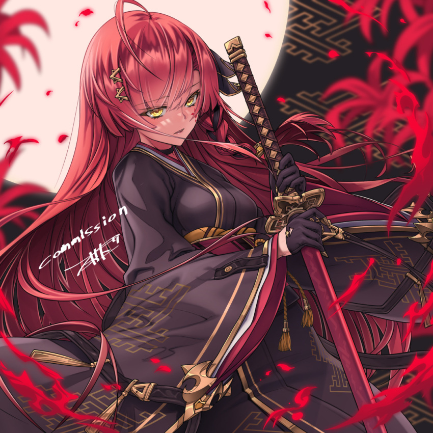 1girl ahoge black_gloves commission facial_mark flower gloves hair_ornament hairclip holding holding_sword holding_weapon japanese_clothes katana kimono long_hair original parted_lips red_hair sash sheath sheathed skeb_commission solo sword takada_kazuhiro very_long_hair weapon yellow_eyes