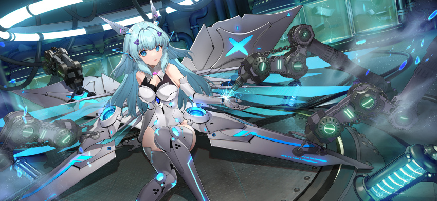 1girl absurdres armor blue_eyes blue_gemstone blue_hair breasts closed_mouth elbow_gloves energy_wings faulds feet_out_of_frame gem gloves grey_gloves grey_thighhighs hair_intakes hair_ornament headpiece highres indoors leotard long_hair looking_at_viewer mechanical_arms medium_breasts official_art on_floor pink_gemstone sidelocks sitting smile solo sparks spinel_(9057) thighhighs vow_of_heroes white_leotard