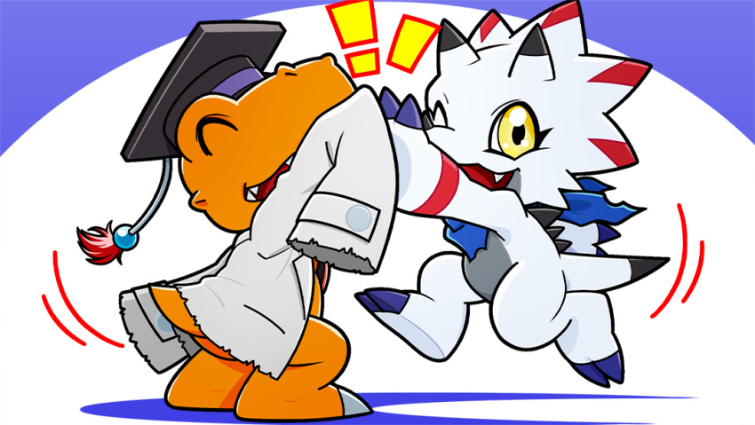 ^_^ agumon_hakase artist_request bandana bandana_around_neck blue_bandana closed_eyes digimon digimon_(creature) gammamon hat high_five jumping lab_coat mortarboard no_humans official_art one_eye_closed sleeves_past_fingers sleeves_past_wrists