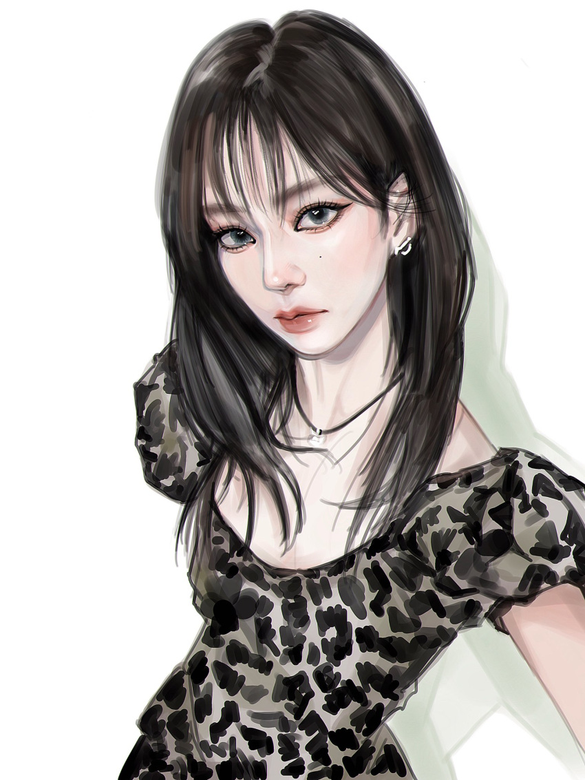 1girl aespa black_hair cheetah_print dress expressionless grey_dress grey_eyes hair_between_eyes highres jewelry k-pop long_hair looking_at_viewer necklace real_life realistic shadow solo white_background winter_(aespa) xiaoya_(horsesmallduck)