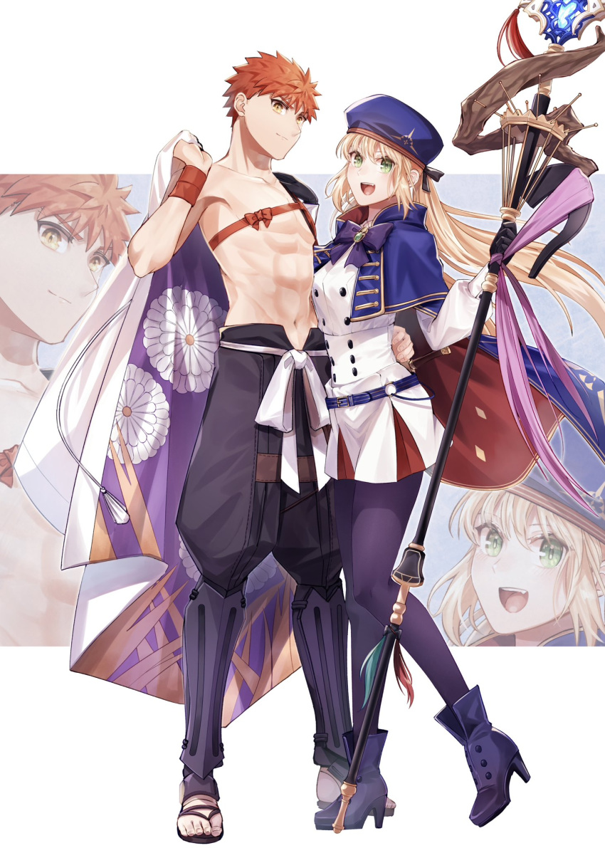 1boy 1girl artoria_caster_(fate) artoria_caster_(second_ascension)_(fate) artoria_pendragon_(fate) belt beret black_pants black_pantyhose black_ribbon blonde_hair blue_belt blue_cloak blue_headwear boots bow bracelet breasts buttons cape cloak closed_mouth emiya_shirou fate/grand_order fate_(series) flower gem gold_trim green_eyes green_gemstone hat highres holding jewelry long_hair long_sleeves open_mouth orange_eyes orange_hair ornament pants pantyhose purple_bow purple_cloak purple_flower ribbon sandals senji_muramasa_(fate) shirt skirt small_breasts teeth twintails uvula white_cape white_flower white_skirt yamano_udumi