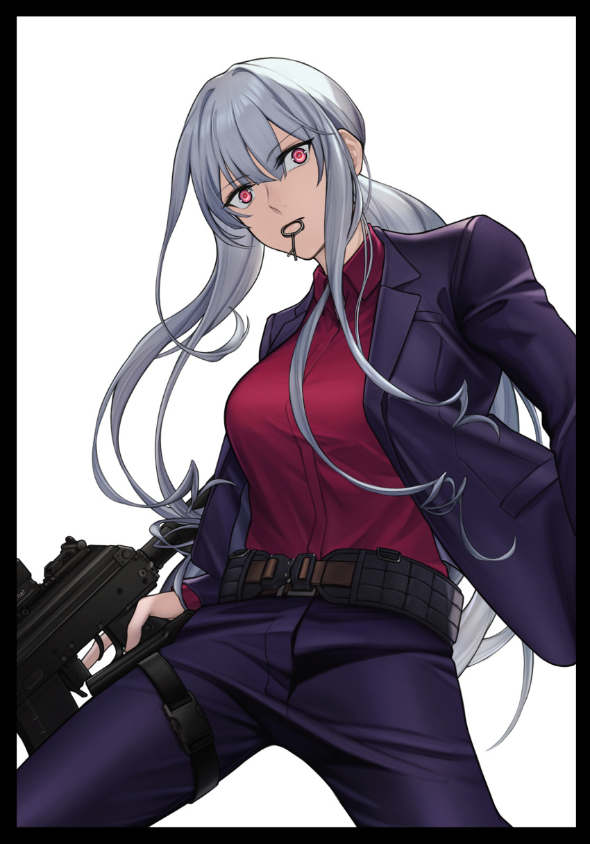 ak-12 ak-12_(girls'_frontline) ak-12_(lucia)_(girls'_frontline) assault_rifle black_border border breasts chinese_commentary commentary_request cowboy_shot from_below girls'_frontline grenade_pin grenade_pin_in_mouth grey_hair gun hair_between_eyes highres holding holding_weapon jacket kalashnikov_rifle la13 large_breasts long_hair open_clothes open_jacket pants ponytail purple_eyes purple_jacket purple_pants red_shirt rifle shirt shirt_tucked_in simple_background weapon white_background