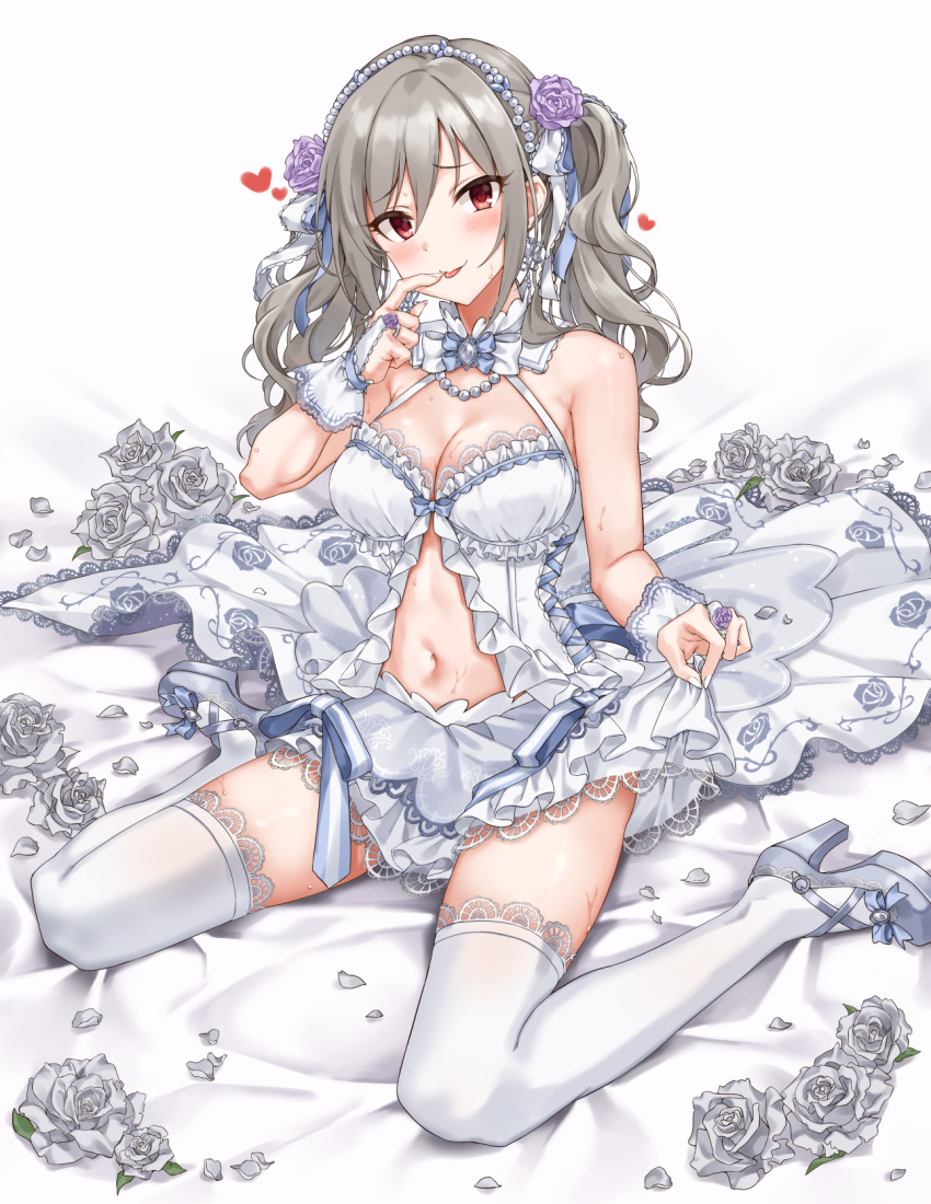 1girl bare_shoulders blush breasts bridal_gauntlets brooch cleavage dress flower frills full_body gloves grey_footwear grey_hair grey_rose hair_flower hair_ornament hairband heart high_heels highres idolmaster idolmaster_cinderella_girls jewelry kanzaki_ranko long_hair looking_at_viewer medium_breasts navel necklace pearl_hair_ornament pearl_necklace petals red_eyes revealing_clothes rose sirurabbit sitting smile solo sweat thighhighs tongue tongue_out twintails wariza wavy_hair white_dress white_gloves white_thighhighs