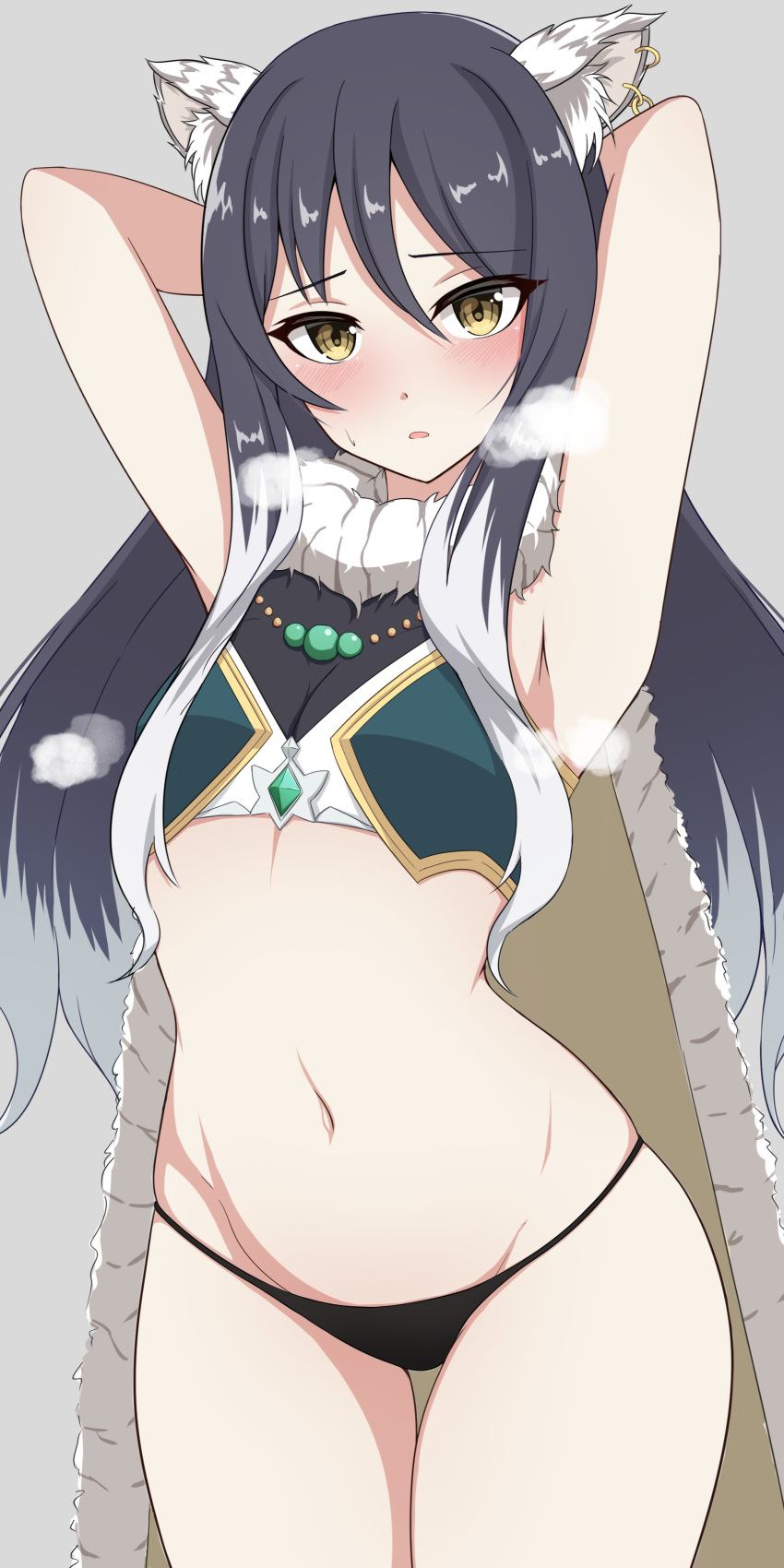 1girl absurdres animal_ears armpits arms_up black_hair breasts cape crop_top hair_between_eyes hair_ornament heavy_breathing hello_pty highres looking_at_viewer navel open_mouth panties princess_connect! shiori_(princess_connect!) simple_background small_breasts solo underwear white_background yellow_eyes