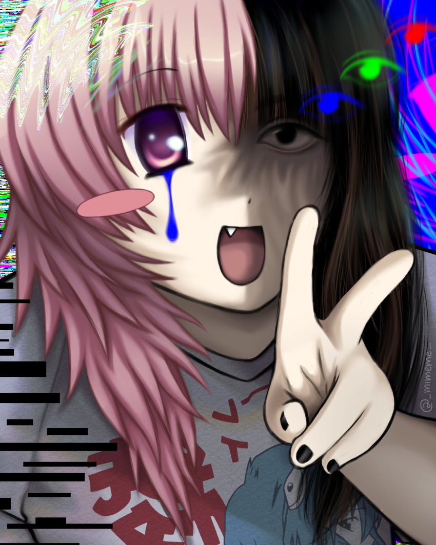 2000s_(style) ayanami_rei black_eyes black_hair black_nails blue_background blush_stickers body_horror distortion dripping dripping_eye fang fusion glitch highres ink looking_at_viewer medium_hair mimeme nail_polish original otaku pale_skin pink_eyes pink_hair shirt short_sleeves solo t-shirt upper_body v white_shirt