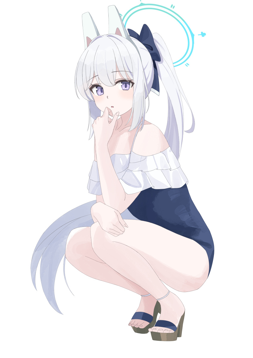 1girl absurdres animal_ears anklet bare_shoulders blue_archive blue_bow blue_halo blue_one-piece_swimsuit blush bow collarbone commentary fake_animal_ears frilled_one-piece_swimsuit frills hair_between_eyes hair_bow halo hand_on_own_chin high_heels highres jewelry legs_together long_hair looking_at_viewer miyako_(blue_archive) miyako_(swimsuit)_(blue_archive) off-shoulder_one-piece_swimsuit off_shoulder one-piece_swimsuit parted_lips ponytail purple_eyes rabbit_ears raised_eyebrows sidelocks simple_background solo squatting swimsuit tnr_(horiko1525) white_background white_hair