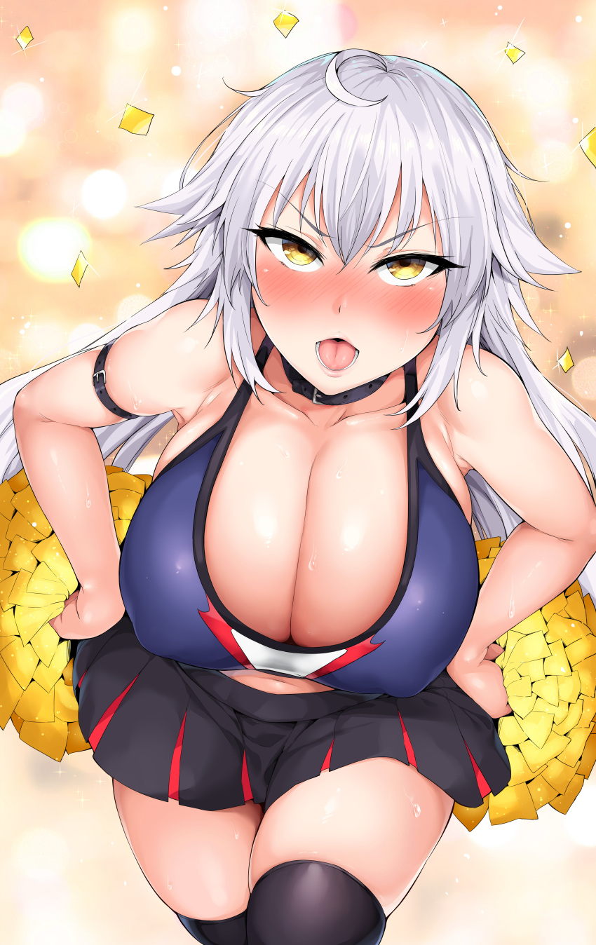 1girl absurdres ahoge alternate_costume bare_shoulders black_collar black_skirt black_thighhighs blue_sports_bra blush breasts cheerleader cleavage collar confetti covered_nipples fate/grand_order fate_(series) highres jeanne_d'arc_alter_(avenger)_(fate) jeanne_d'arc_alter_(fate) katsura_harufumi large_breasts leaning_forward long_hair looking_at_viewer miniskirt nose_blush open_mouth pom_pom_(cheerleading) skirt solo sports_bra standing sweat thighhighs very_long_hair white_hair