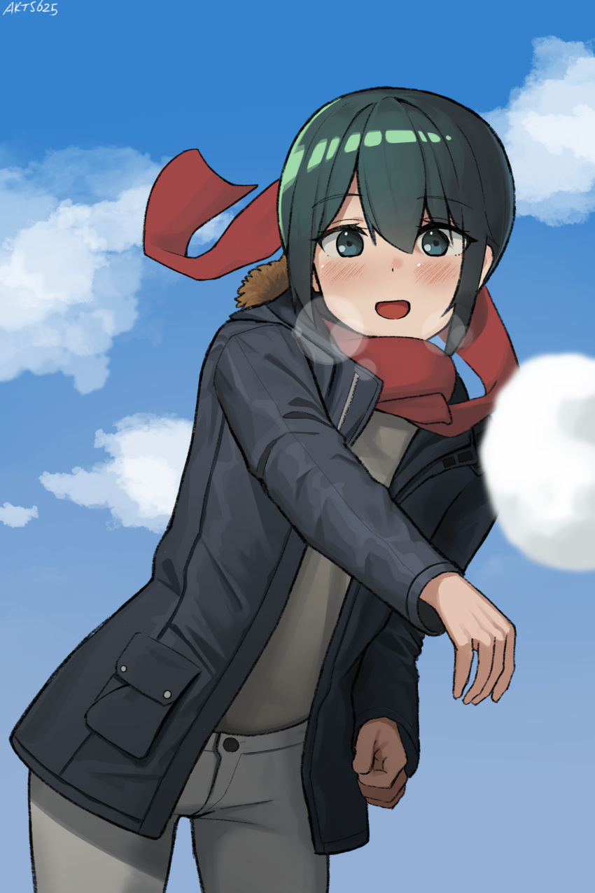 1girl :d absurdres akts625 androgynous artist_name black_coat blue_sky blurry blush bokeh cloud coat commentary cowboy_shot day depth_of_field english_commentary floating_scarf fur-trimmed_hood fur_trim green_eyes green_hair grey_shirt hair_between_eyes highres hood hood_down incoming_attack kino_(kino_no_tabi) kino_no_tabi leaning_forward long_sleeves looking_at_viewer open_clothes open_coat open_mouth outdoors pants red_scarf scarf shirt short_hair signature sky smile snowball snowball_fight solo throwing tomboy very_short_hair white_pants