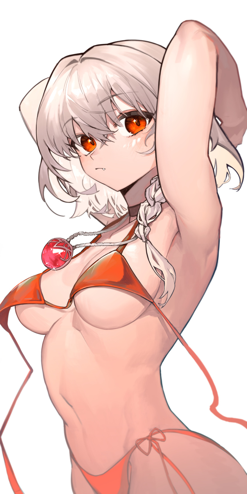 1girl absurdres armpits arms_behind_head arms_up bikini braid choker choppy_bangs cropped_legs fang highres jewelry looking_at_viewer medium_hair midriff movik navel original pendant red_bikini red_choker red_eyes sparkle swimsuit untied untied_bikini white_background white_hair