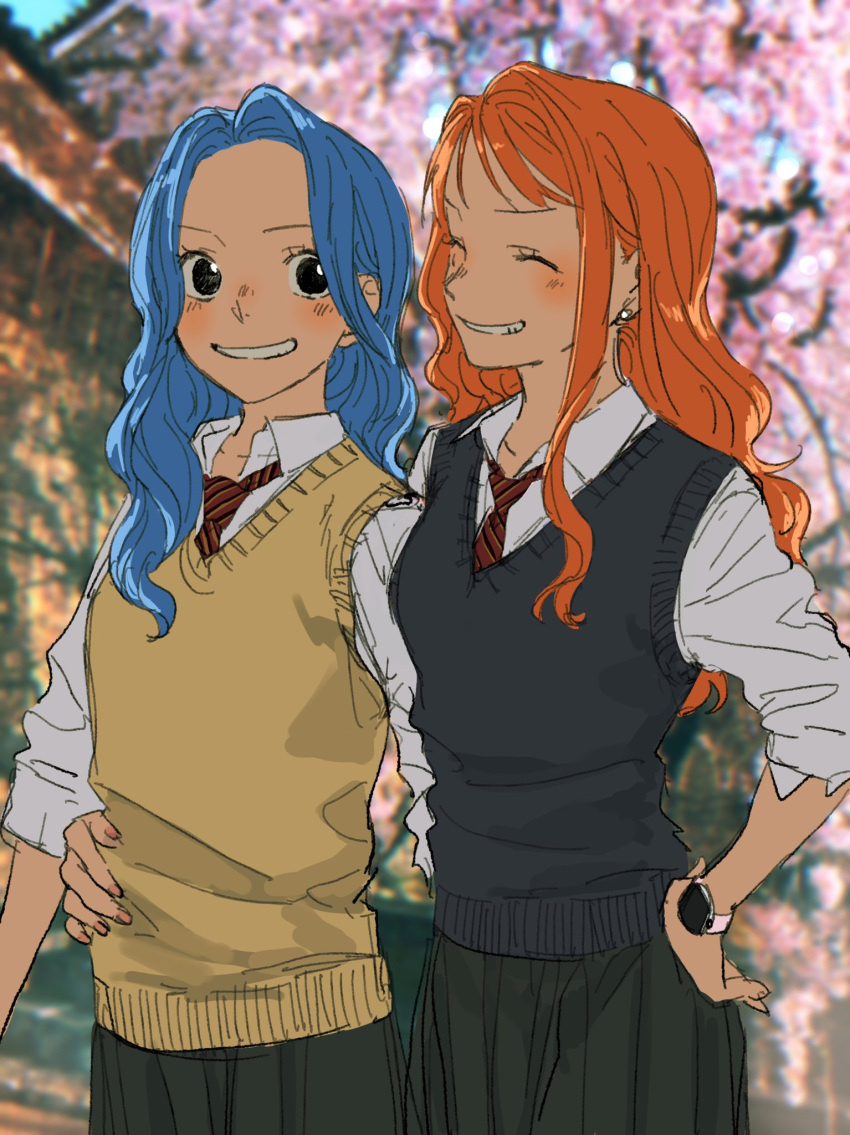 2girls alternate_costume blue_hair blurry blurry_background blush cherry_blossoms closed_eyes collared_shirt commentary_request earrings hand_on_another's_hip hand_on_own_hip highres jewelry long_hair long_sleeves looking_at_another multiple_girls nami_(one_piece) necktie nefertari_vivi one_piece orange_hair orange_nails outdoors parted_lips pearl_earrings pleated_skirt red_necktie school_uniform shirt single_sidelock skirt sleeves_rolled_up smile sweater_vest upper_body urasanmyaku watch wavy_hair white_shirt wristwatch