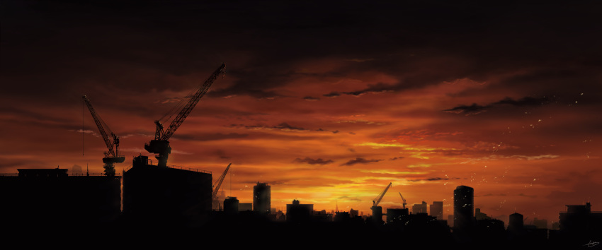 absurdres aki_(aki_k6) apartment artist_name black_sky building city cityscape clear_sky cloud cloudy_sky commentary_request crane_(machine) highres light_particles multicolored_sky night night_sky orange_sky original red_sky rooftop scenery signature sky skyscraper sunset tagme yellow_sky