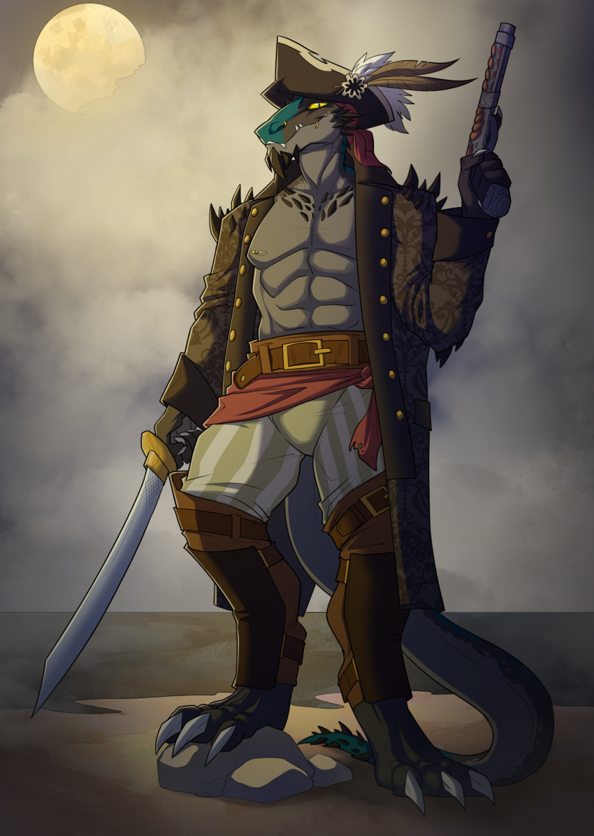 abs absurd_res ambroix_(character) anthro belt claws clothing coat flintlock_pistol fog hi_res lizard looking_at_viewer male melee_weapon moon muscular muscular_male pecs piercing pirate pirate_hat redgreendied reptile rock scalie scimitar sea sky solo spikes standing sword tail teeth topwear trenchcoat water weapon yellow_sclera