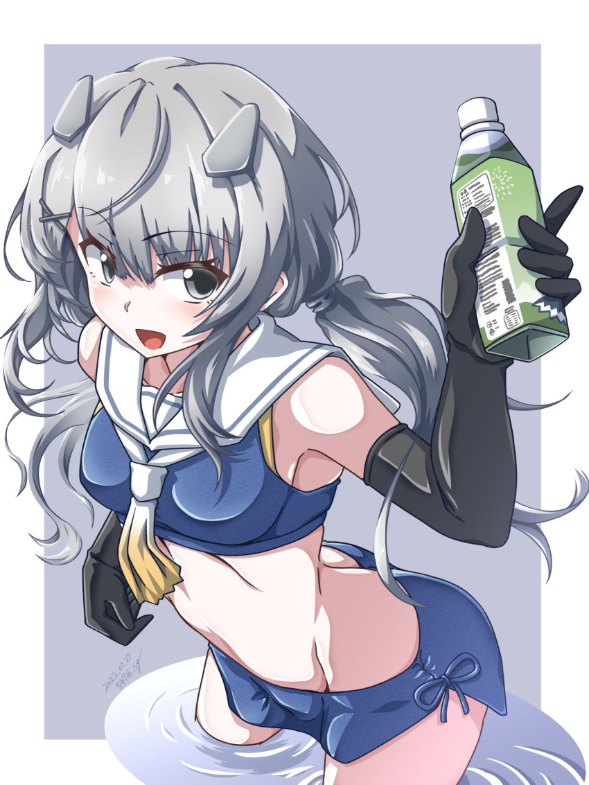 1girl 547th_sy black_gloves blue_skirt bottle commentary_request crop_top dated gloves gradient_neckerchief grey_eyes grey_hair hair_ornament highres holding holding_bottle hood hood_down hooded_jacket i-201_(kancolle) jacket kantai_collection long_hair long_sleeves looking_at_viewer midriff open_mouth pencil_skirt sailor_collar signature simple_background skirt solo two-tone_background white_sailor_collar x_hair_ornament