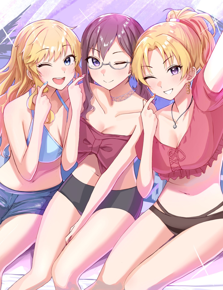 3girls ban_(puka_0507) bikini blonde_hair blue_eyes breasts brown_hair cleavage denim denim_shorts earrings frilled_bikini frills hand_on_own_face heart heart_earrings highres idolmaster idolmaster_cinderella_girls jewelry kiryu_tsukasa_(idolmaster) long_hair medium_breasts multiple_girls nail_polish navel necklace ohtsuki_yui one_eye_closed open_mouth ponytail purple_eyes ribbon semi-rimless_eyewear shorts sitting smile sparkle swimsuit thighs wavy_hair yagami_makino