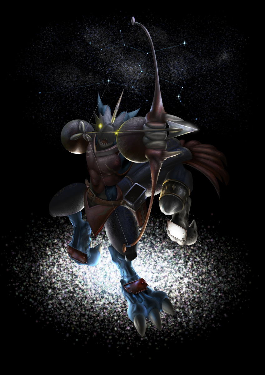 2012 3_claws absurd_res ambiguous_gender armor bandai_namco big_claws big_feet blue_body blue_scales breastplate claws clothing colored constellation detailed digimon feet galaxy gauntlets gloves glowing glowing_eyes handwear hi_res huge_feet looking_at_viewer mearns open_mouth quiver sagittarimon scales scalie shaded sharp_teeth solo space star taur teeth yellow_eyes