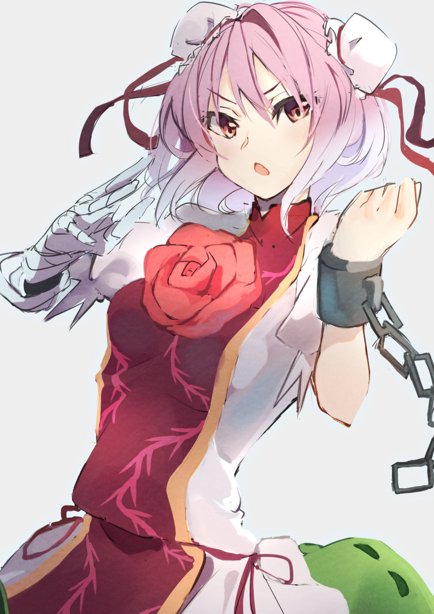 1girl bandaged_arm bandages bun_cover chain chinese_clothes clenched_hand cuffs double_bun false_arm false_limb fighting_stance flower hair_bun highres ibaraki_kasen open_mouth pink_flower pink_hair pink_rose red_eyes red_flower red_ribbon red_rose ribbon rose shackles short_hair short_sleeves simple_background solo tabard touhou tsushi