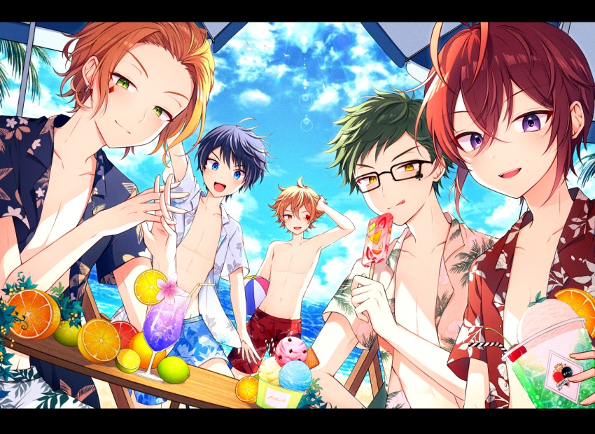 5boys ace_trappola antenna_hair blue_eyes blue_hair cater_diamond closed_mouth desk deuce_spade drinking_straw facial_tattoo food forehead fruit glass glasses green_eyes green_hair ice_cream male_swimwear multiple_boys one_eye_closed open_clothes open_mouth open_shirt orange_(fruit) orange_hair popsicle print_shirt purple_eyes red_eyes red_hair red_shirt riddle_rosehearts shirt smile swim_trunks swimsuit tattoo tobari_(brokenxxx) topless_male trey_clover twisted_wonderland white_shirt yellow_eyes