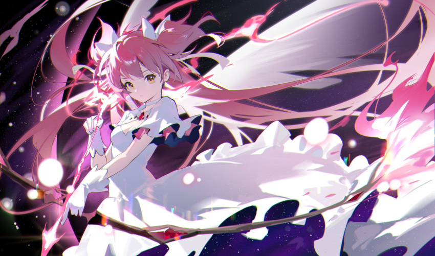 1girl arrow_(projectile) bow_(weapon) breasts chromatic_aberration cleavage cowboy_shot dress floating_hair gloves hair_between_eyes highres holding holding_arrow holding_bow_(weapon) holding_weapon jiu_ye_sang kaname_madoka long_hair looking_at_viewer mahou_shoujo_madoka_magica mahou_shoujo_madoka_magica_(anime) parted_lips pink_hair short_sleeves solo standing star_(sky) ultimate_madoka very_long_hair weapon white_dress white_gloves yellow_eyes