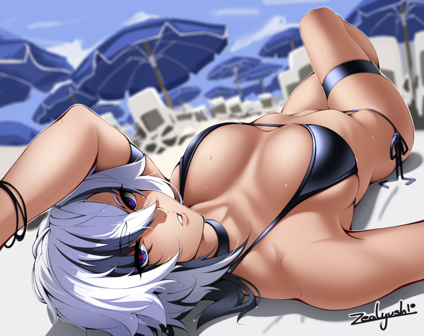 1girl alternate_costume arlecchino_(genshin_impact) beach beach_chair beach_umbrella bikini black_bikini black_choker black_eyes black_hair breasts choker crossed_legs english_commentary genshin_impact hair_between_eyes halterneck knee_up large_breasts long_hair looking_at_viewer lying multicolored_hair multiple_bracelets on_back parted_lips red_pupils side-tie_bikini_bottom signature solo streaked_hair swimsuit symbol-shaped_pupils thigh_strap umbrella upside-down white_hair x-shaped_pupils zealyush