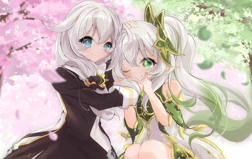 2girls absurdres bare_shoulders black_dress closed_mouth company_connection crossover dress genshin_impact green_eyes highres honkai_(series) honkai_impact_3rd kosame_no_yui long_hair long_sleeves looking_at_viewer mihoyo multiple_girls nahida_(genshin_impact) nun one_eye_closed side_ponytail smile theresa_apocalypse theresa_apocalypse_(valkyrie_pledge) white_dress white_hair