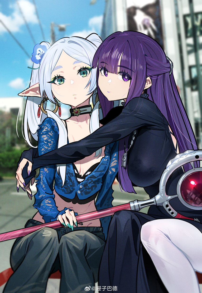 2girls absurdres alternate_costume back_cutout black_bra black_dress black_pants blue_shirt blunt_bangs blurry blurry_background bra breasts building butterfly_hair_ornament choker cleavage closed_mouth clothing_cutout cloud contemporary cropped_shirt dress earrings elf fern_(sousou_no_frieren) flower frieren green_eyes green_nails hair_flower hair_ornament hair_pulled_back hairclip highres holding holding_staff hoop_earrings hug jewelry large_breasts long_hair looking_at_viewer mage_staff midriff multiple_girls necklace outdoors pants phone pointy_ears purple_eyes purple_hair purple_nails see-through shirt sitting sleeves_past_wrists small_breasts sousou_no_frieren staff tizibade tree underwear white_hair