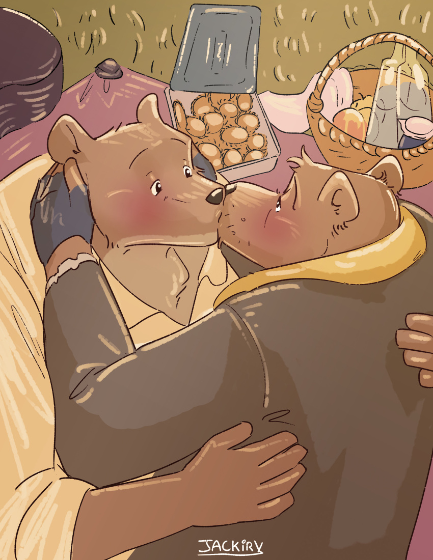 2023 absurd_res anthro bear black_nose blush bolero_(ernest_and_celestine) brown_body clothing duo embrace ernest_(ernest_and_celestine) ernest_and_celestine food hi_res hug humanoid_hands jackiry kissing male male/male mammal shirt topwear