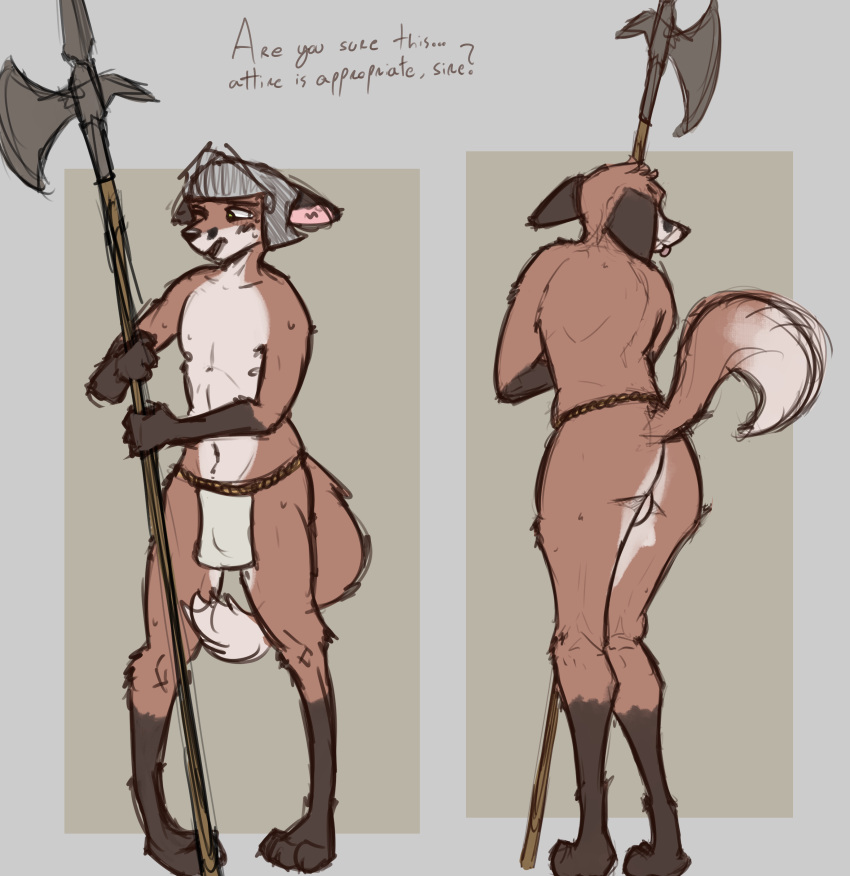 absurd_res anthro anus armor bottomwear canid canine clothed clothing embarassment forced forced_exposure fox guard halberd headgear helmet hi_res knees_together loincloth looking_back male mammal melee_weapon polearm pose rhok_shr simple_background sketch skimpy solo tail tail_between_legs text weapon