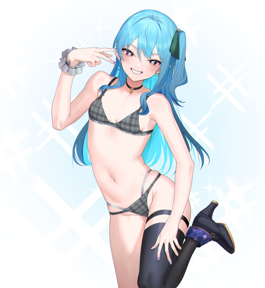 1girl absurdres ankle_strap aqua_hair bare_shoulders black_choker black_thighhighs bra character_name choker commentary earrings eredhen flat_chest grin groin hair_between_eyes hand_on_own_thigh high_heels highres hololive hoshimachi_suisei jewelry long_hair looking_at_viewer nail_polish navel panties plaid plaid_bra plaid_panties side_ponytail sidelocks single_thighhigh smile solo standing standing_on_one_leg star-shaped_pupils star_(symbol) star_choker star_earrings stomach symbol-only_commentary symbol-shaped_pupils symbol_in_eye thighhighs underwear underwear_only v virtual_youtuber wrist_cuffs