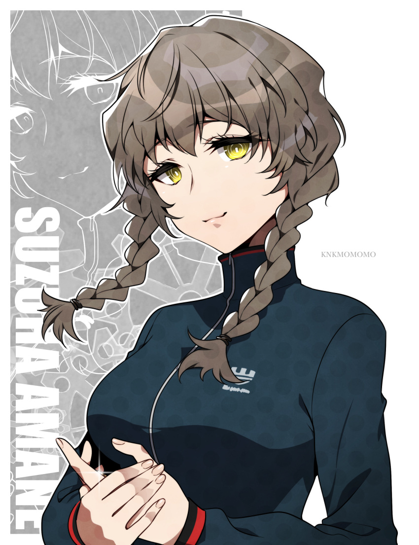 1girl absurdres amane_suzuha artist_name braid breasts brown_hair character_name glint hands_up highres holding jacket kamenozoki_momomo long_hair medium_breasts smirk solo steins;gate track_jacket twin_braids wind yellow_eyes